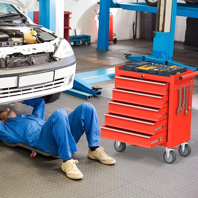 5 Drawers Rolling Tool Chest, Large Capacity Metal Tool Box with Wheels and Drawers, Tool Storage Cabinet with Keyed Locking, Tool Organizer Box for Garage, Workshop, Warehouse (Red)