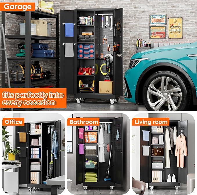 71" H Broom Storage Cabinet with Wheels and Doors,Rolling Tool Cabinet with Pegboard,Shelves and Rod for Garage Warehouse Home,Required Assembly,Black