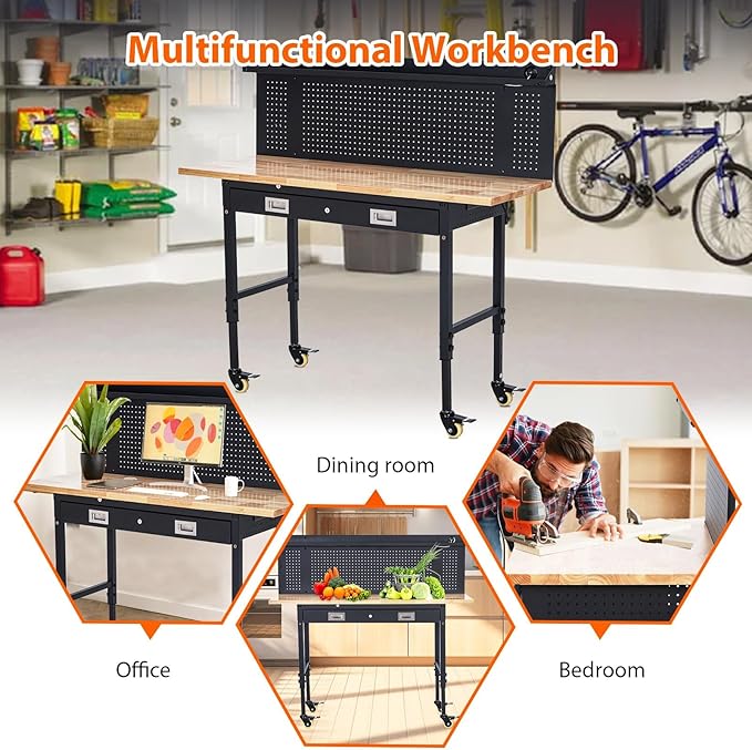 60'' Adjustable Workbench, Heavy Duty Workbench with Drawer and Backplate, 2000 LBS Capacity Work Table with Power Outlet and Lockable Wheels, Suitable for Office, Garage, Workshop