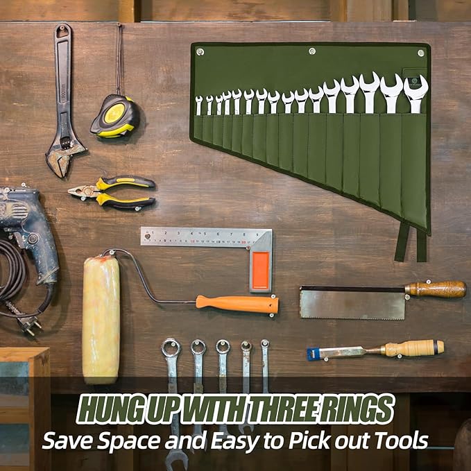 Wrench Roll Organizer 16 Pockets, Wrench Pouch Roll Up with Water Proof Oxford Cloth, Tool Roll Bag for Wrenches Organization, Green