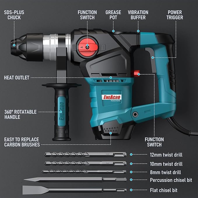 ENEACRO 1-1/4 Inch SDS-Plus 12.5 Amp Heavy Duty Rotary Hammer Drill, Safety Clutch 3 Functions with Vibration Control Including Grease, Chisels and Drill Bits with Case