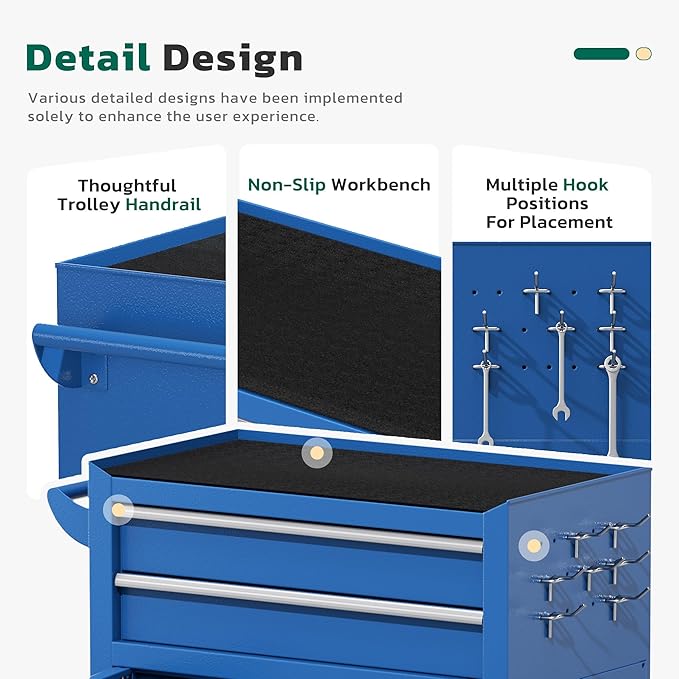 Greenvelly Tool Chest, 8-Drawer Rolling Tool Chest with Hooks and Lockable Wheels,Metal Storage Detachable Top Tool Box with Lockable Wheels for Garage,Workshop,Art Studio(Blue)