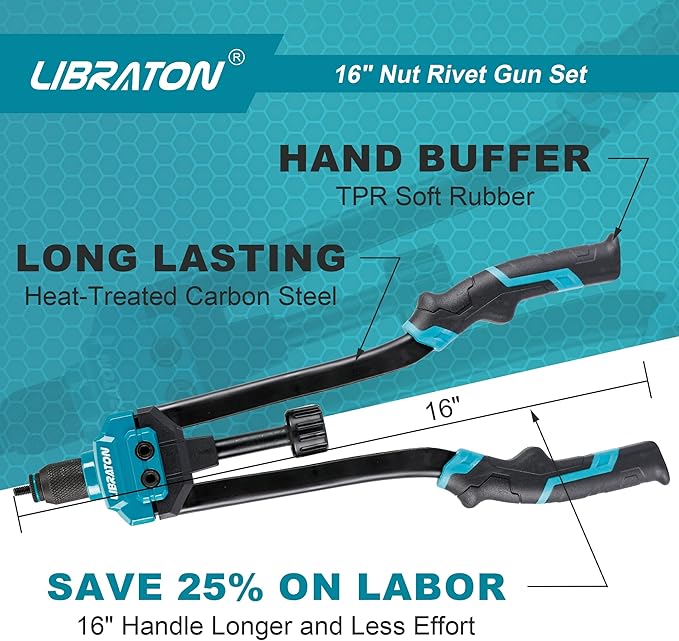 LIBRATON 16" Rivet Nut Tool, Rivet Nut Gun, Hand Rivet Nut Setter with 110PCS Rivet Nuts, 11PCS Metric & SAE Interchangeable Mandrels and Carrying Case, Easy Replace