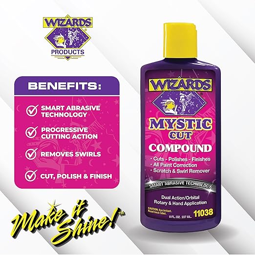 Wizards Mystic Cut Smart Abrasive for Auto Detailing Supplies - No Mess Scratch Remover for Vehicles - Water Based Cutting Compound - Removes Swirls, Defects, Fading, Water Spots - 8 oz