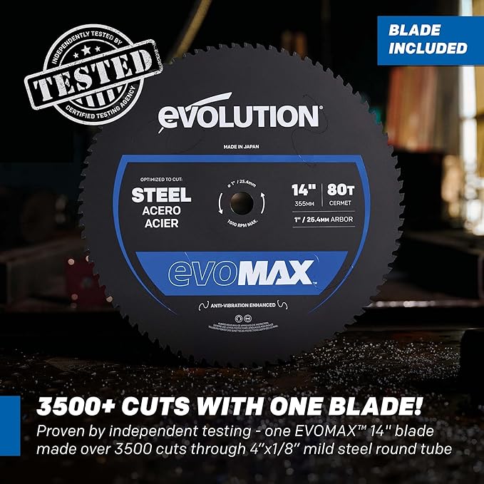 Evolution S14MCS 14" Mitering Chop Saw | Cold Cut Steel Cutting Saw | EVOMAX Intelligent Motor & Blade | 3500+ Cuts | Burr-Free Cuts | Shadow Guide | +/-46° Miter | Soft Start | Reinforced Base