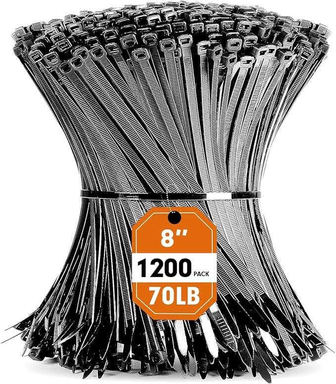 Zip Ties, RAZCC 1200pcs Black Cable Zip Ties 8 Inch, Heavy Duty Plastic Wire Ties with 70lb Tensile Strength, Self-Locking Black Nylon Tie Wraps for Indoor and Outdoor