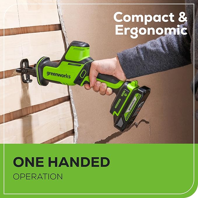 Greenworks 24V Brushless Cordless Reciprocating Saw,1" Compact One-Handed Recip Saw(3,000 SPM),Variable Speed, 2.0Ah Battery and Compact Charger Included,‎ RSG404
