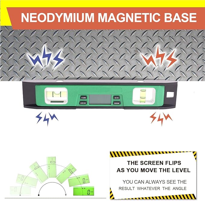 BETHEL Digital Torpedo Level -10 Inch IP54 Digital Magnetized Level Protected Electronic Bubble Inclinometer/Angle Finder/LED Display & V-Groove Base (10 Inch, Green)