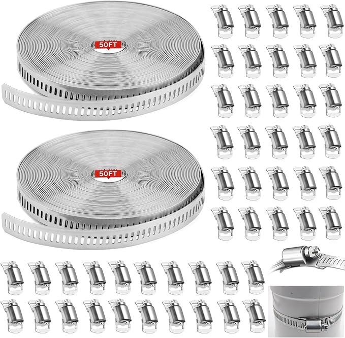 Hose Clamps 100FT Strap+50 Fasteners,DIY Cut-To-Fit 304 Stainless Steel Adjustable Large Worm Gear Band Clamp Assortment Kit,Metal Screw Fasteners and Strapping for Pipe,Duct,Pole,Tube