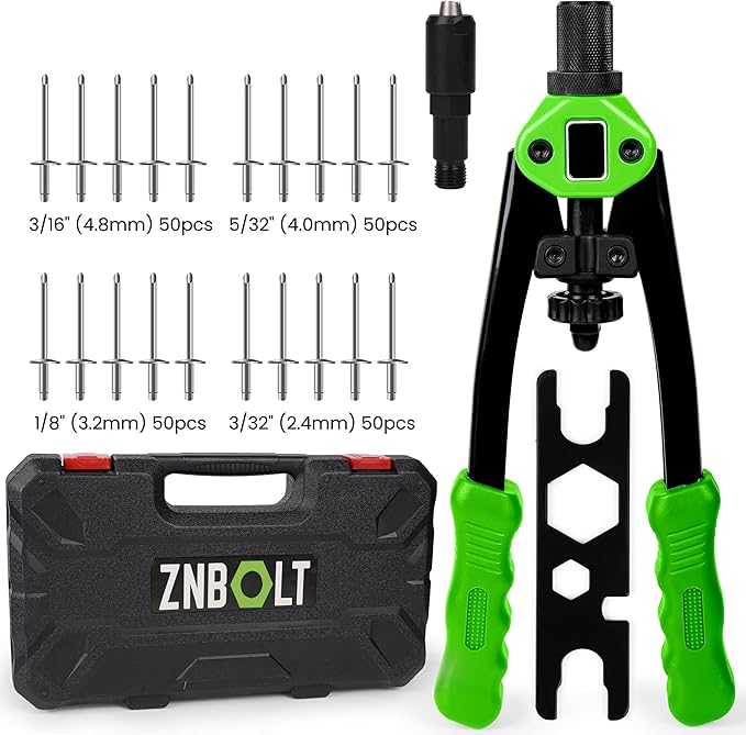 Dual Function Hand Rivet Gun with Rugged Carrying Case – Heavy Duty Single Hand Riveter with 400+ pcs Rivet Nuts, 15 Mandrels, 5 Rivet Nozzles, Blind Rivets for Plastic, Wood, Metal, Leather