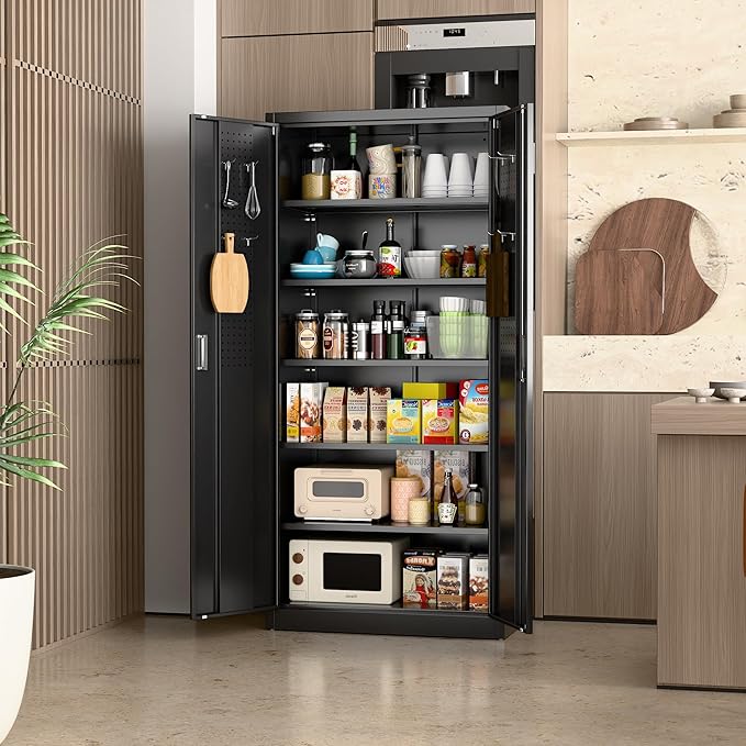 Metal Storage Cabinet with Pegboard 71'' x 34'' x 18'',Lockable Steel Storage Cabinet with 5 Adjustable Shelves and Door for Garage, Office, Kitchen, Assembly Required(Black)