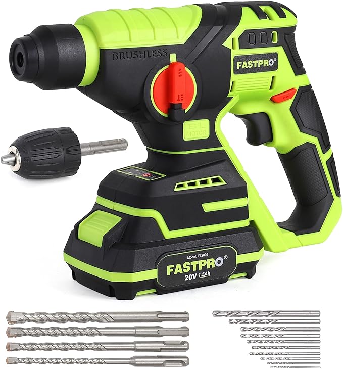FASTPRO Cordless SDS Plus Rotary Hammer Drill Kit, 20V Brushless Multifunctional Hammer Drill Driver with 1.5Ah Battery, Including 10PCS Drill Bits & 4PCS SDS-Plus Drill Bits