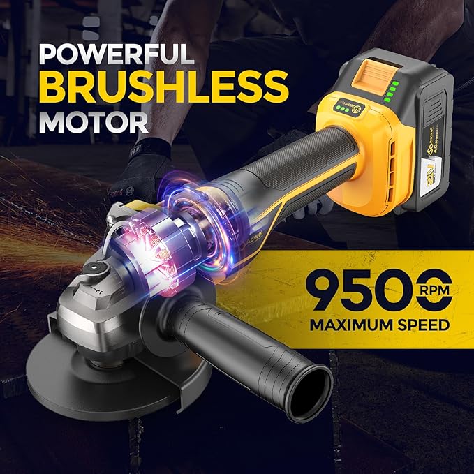 Brushless Cordless Angle Grinder, 21V Angle Grinder Toolbox Kit, with 2x4.0Ah lithium batteries and charger, yellow 4-1/2 inch grinder, suitable for cutting, grinding, polishing