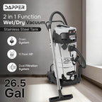26.5 Gallon 11 Peak HP Wet/Dry Vacuum, Stainless Steel Tank, 2 in 1 Function Portable Shop Vacuum with Attachments, Built-in Drain Ideal for Jobsite, Garage & Workshop.