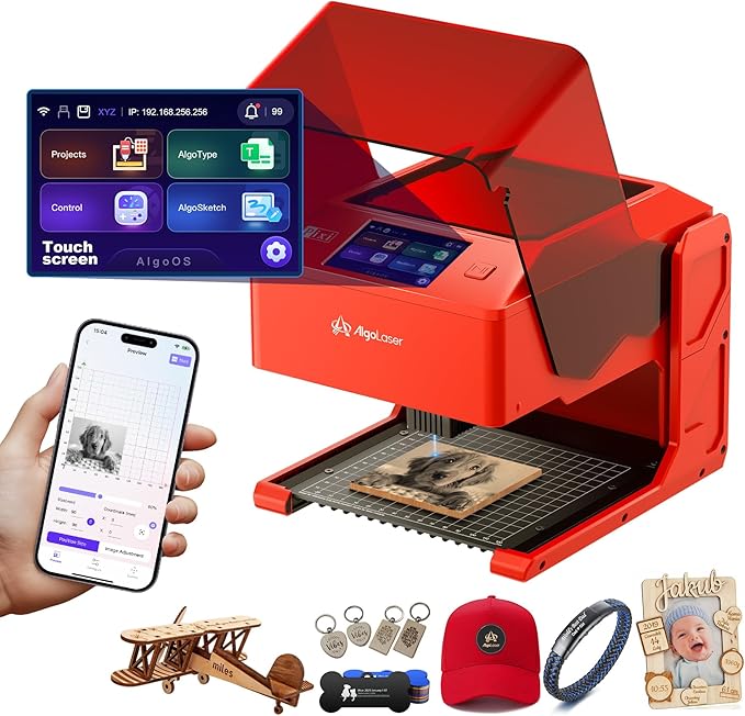 AlgoLaser 3W Laser Engraver Machine: Portable & Smart with 3.5" Touch Screen, Hand Drawing/Wireless/SD Card/Offline Engraving, AlgoOS 2.0 Self Developed System for Wood, Acrylic, Leather