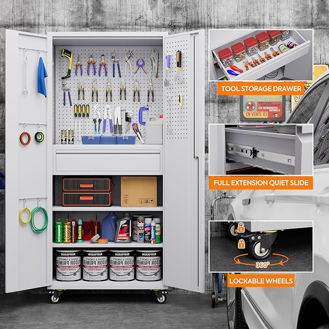 Aobabo Metal Storage Cabinet with Wheels and 1 Interior Drawer, Steel Rolling Tool Cabinet with 16 Hooks and 2 Adjustable Shelves for Garage, Home, Office, Kitchen Assembly Required, White