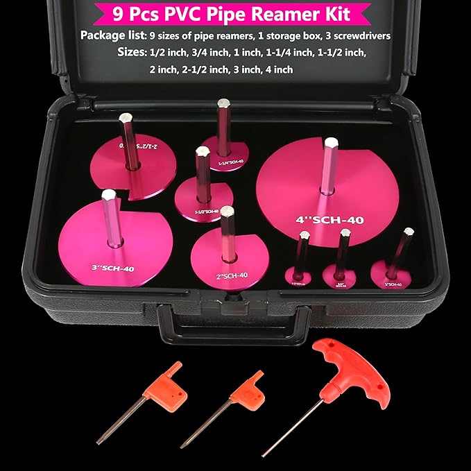 9-piece Pipe Reamer Kit Plastic CPVC ABS Pipe Reamer Tool Size 1/2", 3/4", 1", 1-1/4", 1-1/2", 2", 2-1/2", 3", 4", for Standard 1/2" Drills (9)