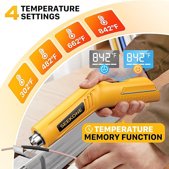SEEKONE Cordless Mini Heat Gun with 4-Temp Settings (Up to 842°F/450°C) and Memory Function, 3.6V Lithium Hot Air Gun, USB Charge with Reflector Nozzle for Crafting, Resin Heating and Shrink Wrapping