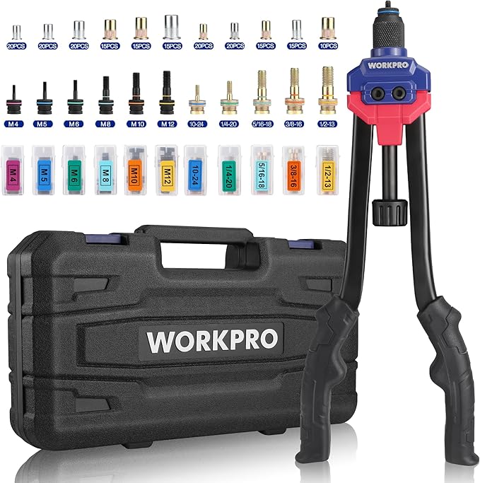 WORKPRO 16" Rivet Nut Tool, Nutsert Rivnut Tool Kit with 11 Metric and SAE Mandrels, 185pcs Rivnuts Assortment Kit with Carrying Case, Ideal for Sheet Metal & Automotive Work