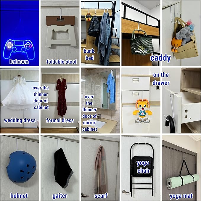 Over The Door Metal Hooks with Plastic Coating 5.5" Fit 0.5" to 1 3/8" Door 10 Pcs Heavy Duty Single Towel Robe Rack Wreath Bathroom Shower Hanger Shoe Organizer Ironing Board Short White