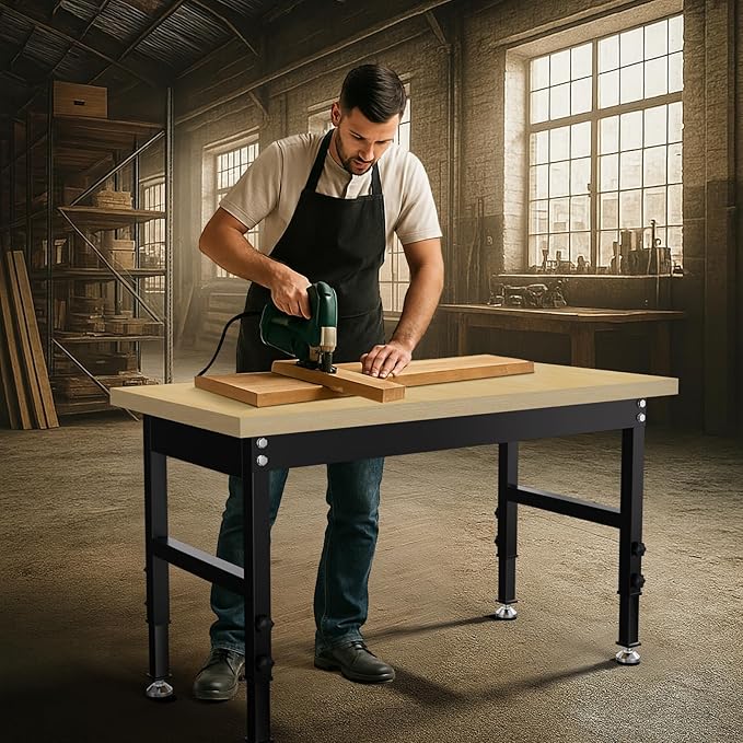 48” Adjustable Wood Work Bench, Heavy Duty Work Table for Workshop, Garage, 3000 Lbs Capacity