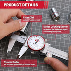 0-6" Range SAE Dial Caliper Measuring Tool, Analog Precision Micrometer Caliper ±0.001" Accuracy, Manual Mechanical Metal Stainless Steel Measuring Dial with 4-Way Measurements