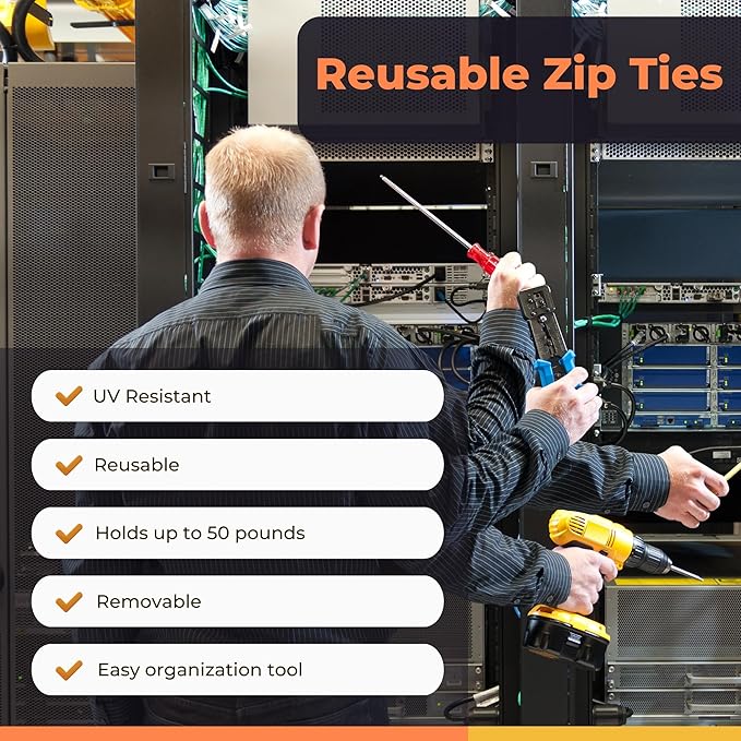 250-Count Reusable 8-inch UV Resistant Nylon Cable Zip Ties, Black