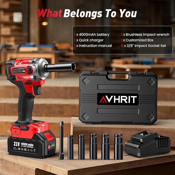 Cordless Impact Wrench 3/8 Inch, 450N.m/ 330Ft-lbs Electric Impact Gun with Blushless Motor, 4000mAh Battery, Charger, 5 Sockets, Power Impact Driver for Car Home, Tire Repair