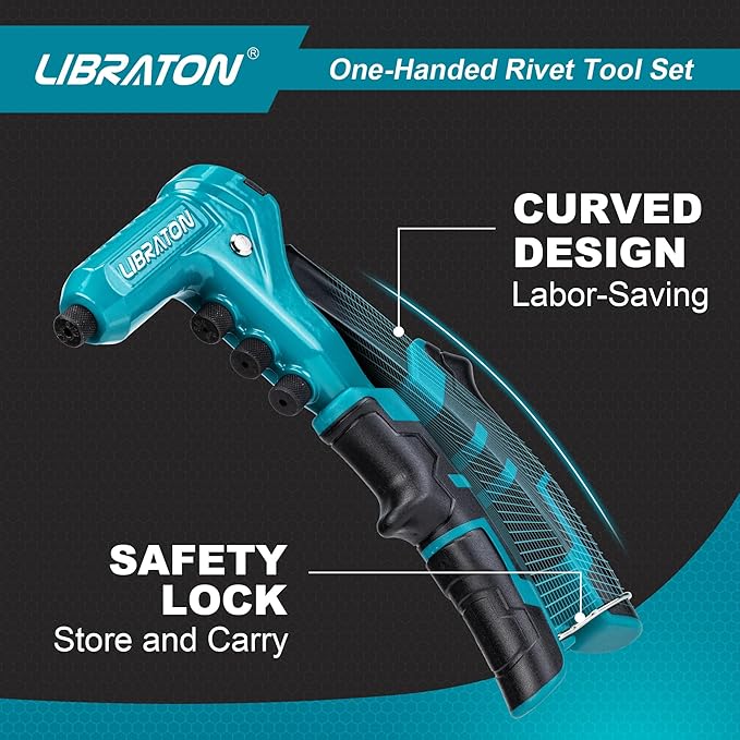 Libraton One-Handed Rivet Gun, Pop Rivet Gun Set, Professional Hand Riveter, Manual Riveting Tool with 200 Rivets for Metal, Includes 4 Drill Bits, 4 Tool-Free Interchangeable Heads, Storage Case