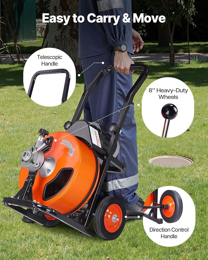 VEVOR Drain Cleaning Machine 50 FT x 3/8 Inch, Sewer Snake Machine Auto Feed, Drain Auger Cleaner with 4 Cutter & Air-Activated Foot Switch for 1" to 4" Pipes, Orange, Black