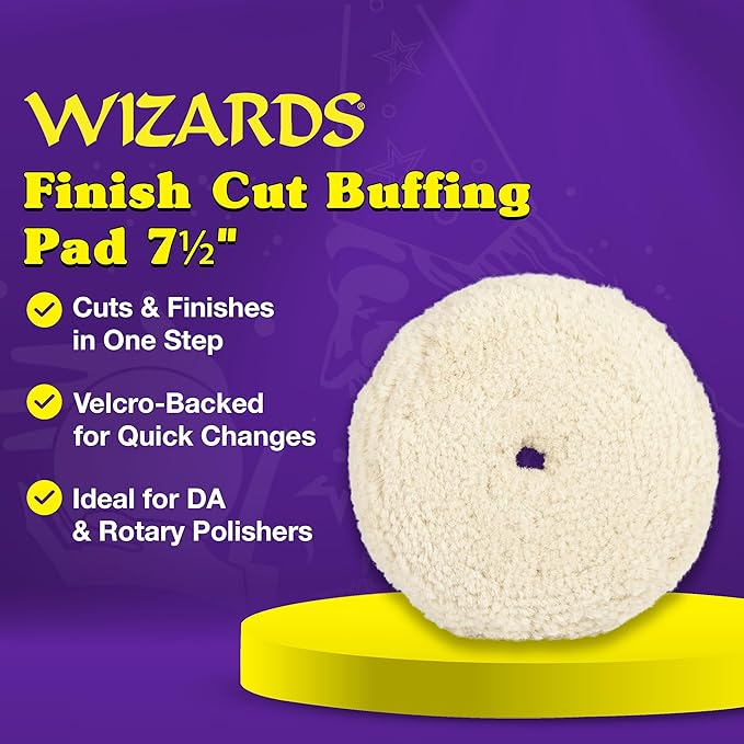 Wizards Finish Cut Buffing Pad - Velcro Backed, Blended Wool and Polyester, One-Step Buffer for Car Detailing - Cutting and Finishing Pad in One for Auto Detailing Supplies - 7½" x 1½"