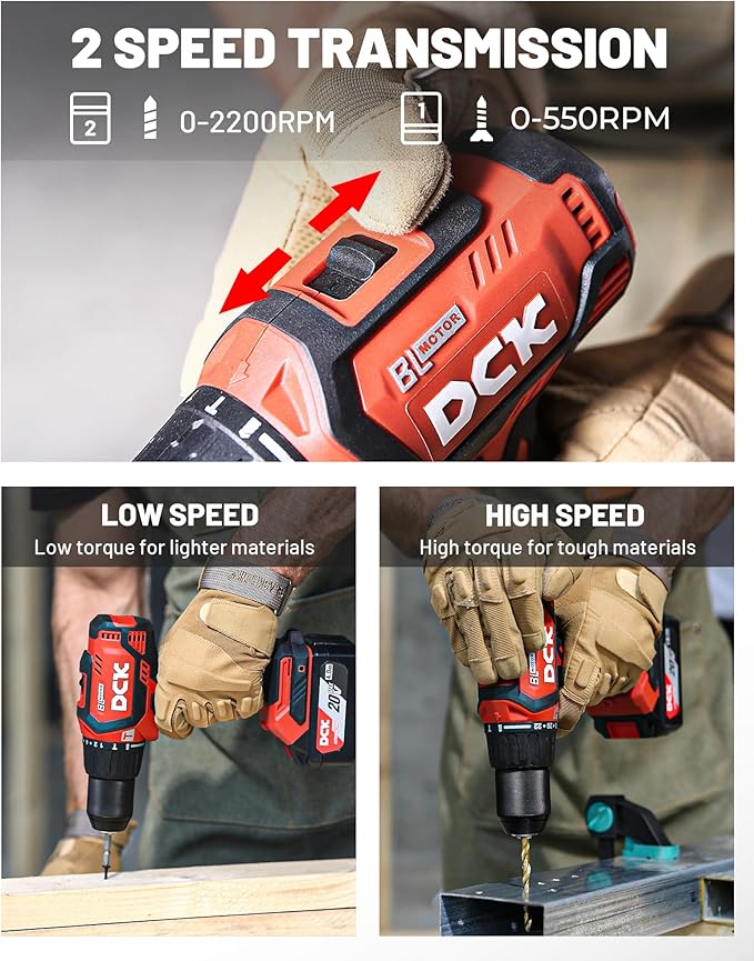 DCK 20V Brushless Hammer Drill, 531 in.lbs, 36000 BPM, 1/2" Keyless All-Metal Chuck, 4.0Ah Battery, 22+1+1 Clutch, Impact Drill Kit for Drilling Brick Wall, Metal, Wood, KDJZ05-13