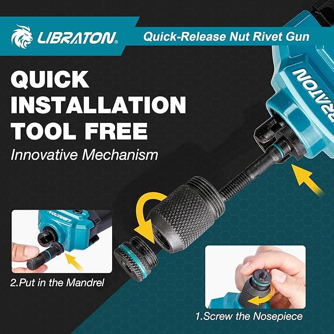 LIBRATON Rivet Nut Tool, 16" Rivnut Tool Kit, Hand Rivet Nut Tool kit with 11PCS Metric & SAE Interchangeable Mandrels, 110PCS Rivet Nuts, Carrying Case, Auto Release Nut Design