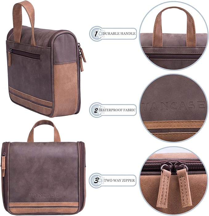 Hanging Toiletry Bag for Men VANCASE Vintage Leather Shaving Dopp Kit Medium Waterproof Travel Bathroom Bags Portable Shower Organizer