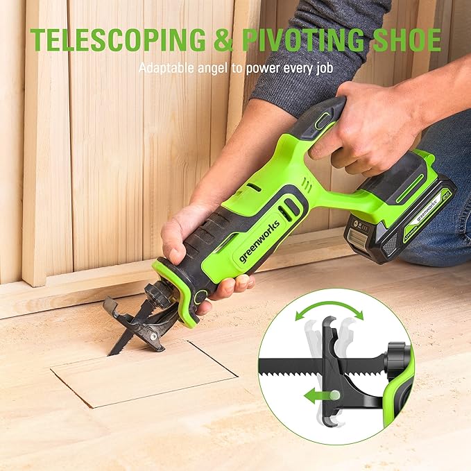 Greenworks 24V Brushless 1" Cordless Reciprocating Saw (3,000 SPM), Light Weight Compact Handsaw, Variable Speed Trigger, Tool Only