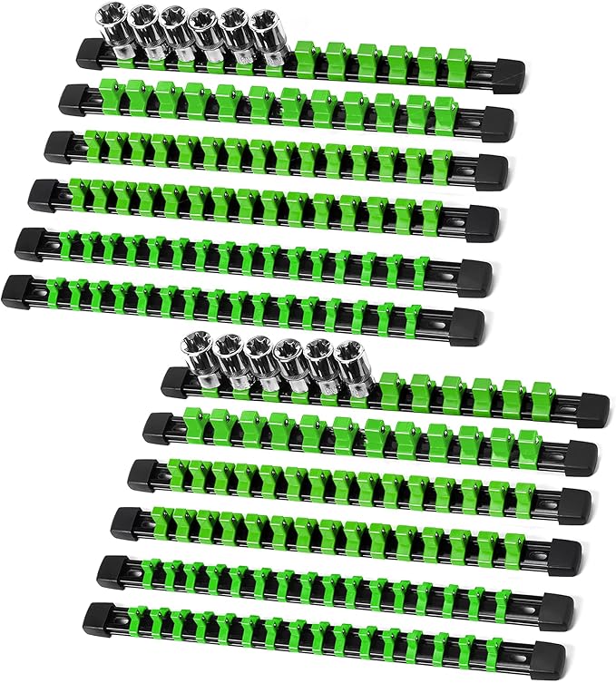 Socket Organizer Drive ABS Tools - Green Socket Holder, Premium Quality 12 Pieces Socket Holders Kit 1/4-Inch x 64 Clips, 3/8-Inch x 60 Clips, 1/2-Inch x 48 Clips（12PC,Green
