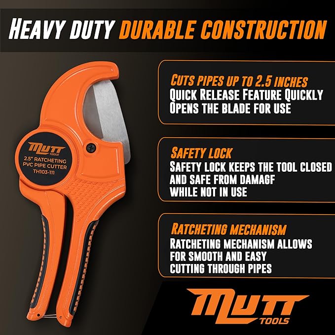 Mutt Tools Professional 2-1/2 Inch PVC Pipe Cutter Tool - Heavy-Duty Ratcheting Pipe Cutter for PVC, CPVC, PEX, ABS Plastic Pipes - Cuts Up to 2.5 Inch Outer Diameter - Plumbing Cutting Tool