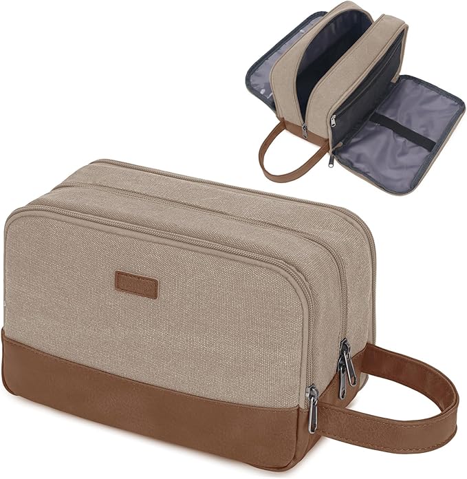 WANDF Travel Toiletry Bag for Men Large Toiletries Shaving Bag Water Resistant Hanging Dopp Kit Travel Accessories Bag for Women Men (Light Khaki)