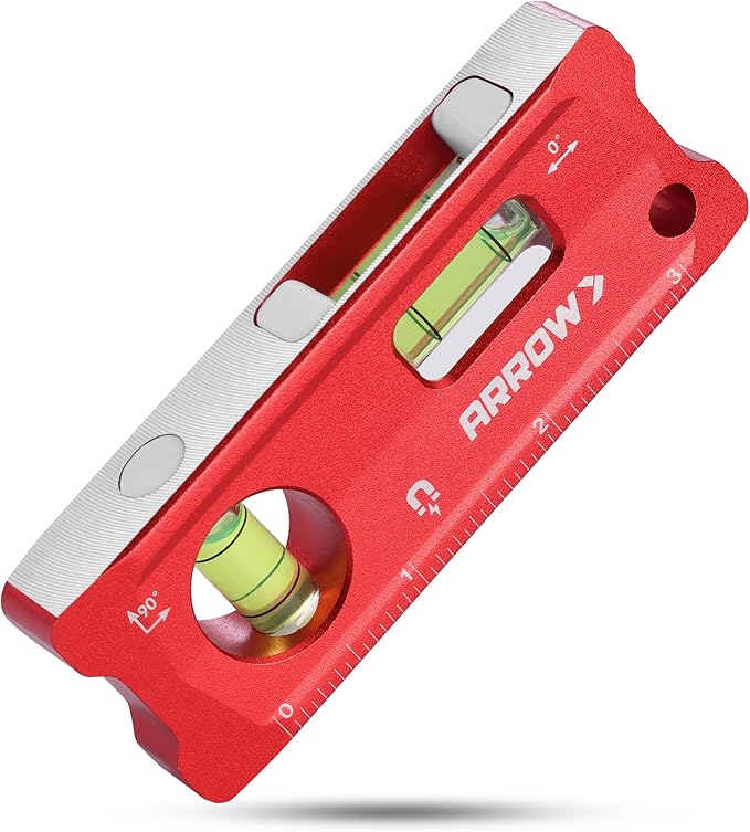 ARROW 4-Inch Torpedo Level, Small Magnetic Leveler Tool with 0°/90° Bubbles, Top-view Window, Aluminium Alloy Frame, Dual SAE and Metric Scales