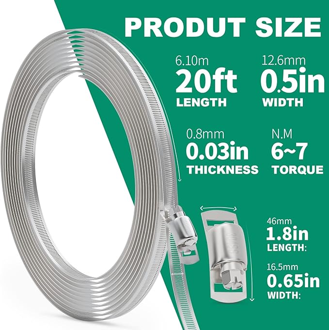 20FT Hose Clamps,304 Stainless Steel Hose Clamp Assortment Kit DIY Metal Strapping with Holes+10 Fasteners,Adjustable Worm Gear Large Hose Clamps Metal Band Screw Clamp Straps for Pipe,Duct,Tube