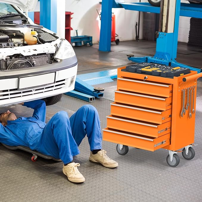 5 Drawers Large Capacity Tool Box, Metal Rolling Tool Chest with Wheels and Drawers, Tool Storage Cabinet with Keyed Locking, Tool Organizer Box for Garage, Workshop, Warehouse (Orange)