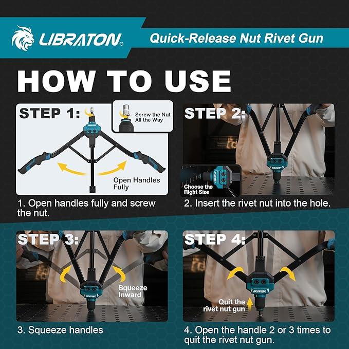 LIBRATON Rivet Nut Tool, 16" Rivnut Tool Kit, Hand Rivet Nut Tool kit with 11PCS Metric & SAE Interchangeable Mandrels, 110PCS Rivet Nuts, Carrying Case, Auto Release Nut Design