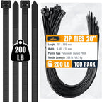 ALBO Black Zip Ties 20 Inch Plastic Cable Ties 100 Pack Tie Wraps Heavy Duty 200lb UV Resistant Nylon Wire Ties