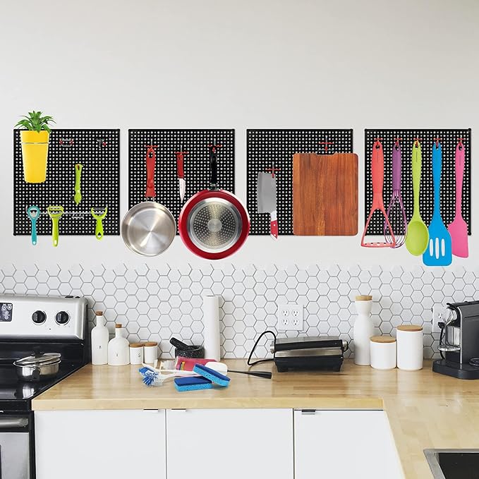 Pegboard Rack Garage Storage Steel Horizontal Peg Board Pack,Steel Pegboard Heavy Duty- 4 Pack 16-Inch X 16-Inch Metal Peg Board Tool Organization Panels(Black)