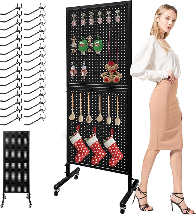 Royxen Metal Pegboard 2 x 5 Feet with 30 Hooks, Peg Board Display Stand, Standing Pegboard Display with Wheels, Black