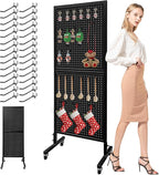 Royxen Metal Pegboard 2 x 5 Feet with 30 Hooks, Peg Board Display Stand, Standing Pegboard Display with Wheels, Black