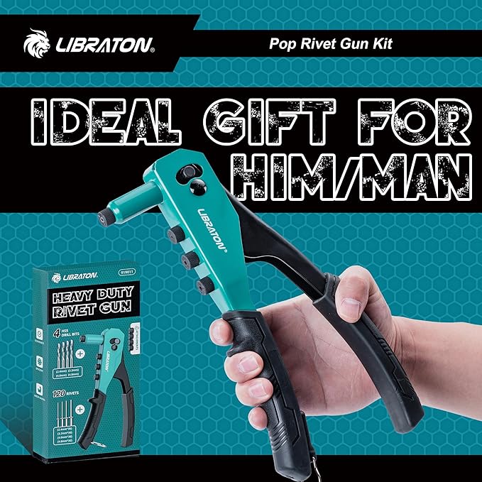 Libraton Rivet Gun Kit, Pop Rivet Gun, Heavy Duty Rivet Tool, Professional Hand Riveter, Manual Riveting Tool with 120 Blind Rivets, 4 HSS Drill Bits, 4 Tool-free Interchangeable Heads