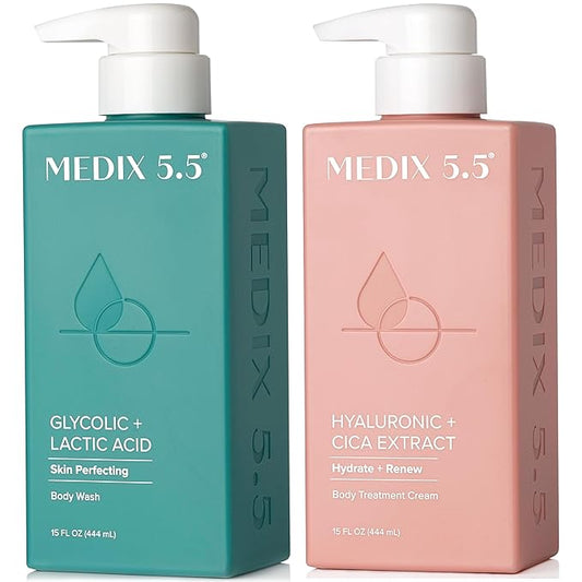 Medix 5.5 Exfoliating AHA Glycolic Acid Face & Body Scrub Cleanser + Hyaluronic Acid Moisturizing Body Cream Lotion Skin Care 2PC Set | Alpha Hydroxy Acid & Lactic Acid Foaming Body Wash & Face Wash-VeraVaultWomen