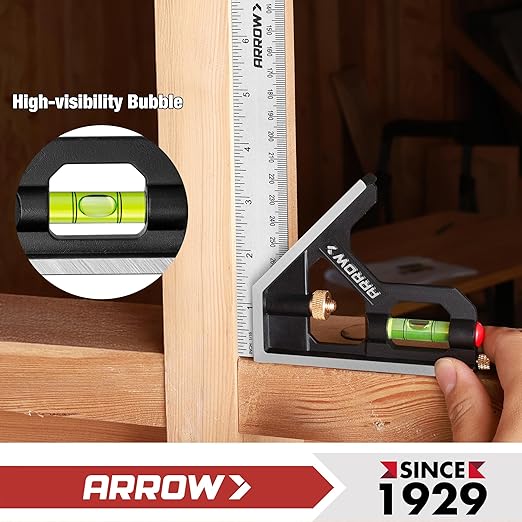Arrow Combination Square, 12-Inch Combo Square with Stainless Steel Ruler, Zinc Alloy Body and Bubble Level for Carpenters and Craftsmen