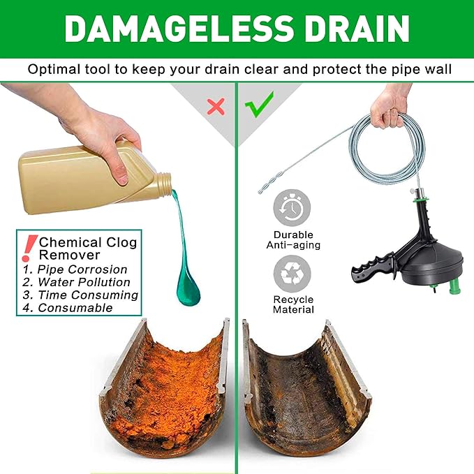 BACOENG 25Ft Drain Auger, Heavy Duty Plumbing Snake with Drill Adapter, Use Manually or Powered for Drain Clog, Shower Sink, Comes with Gloves and Bag (Green)